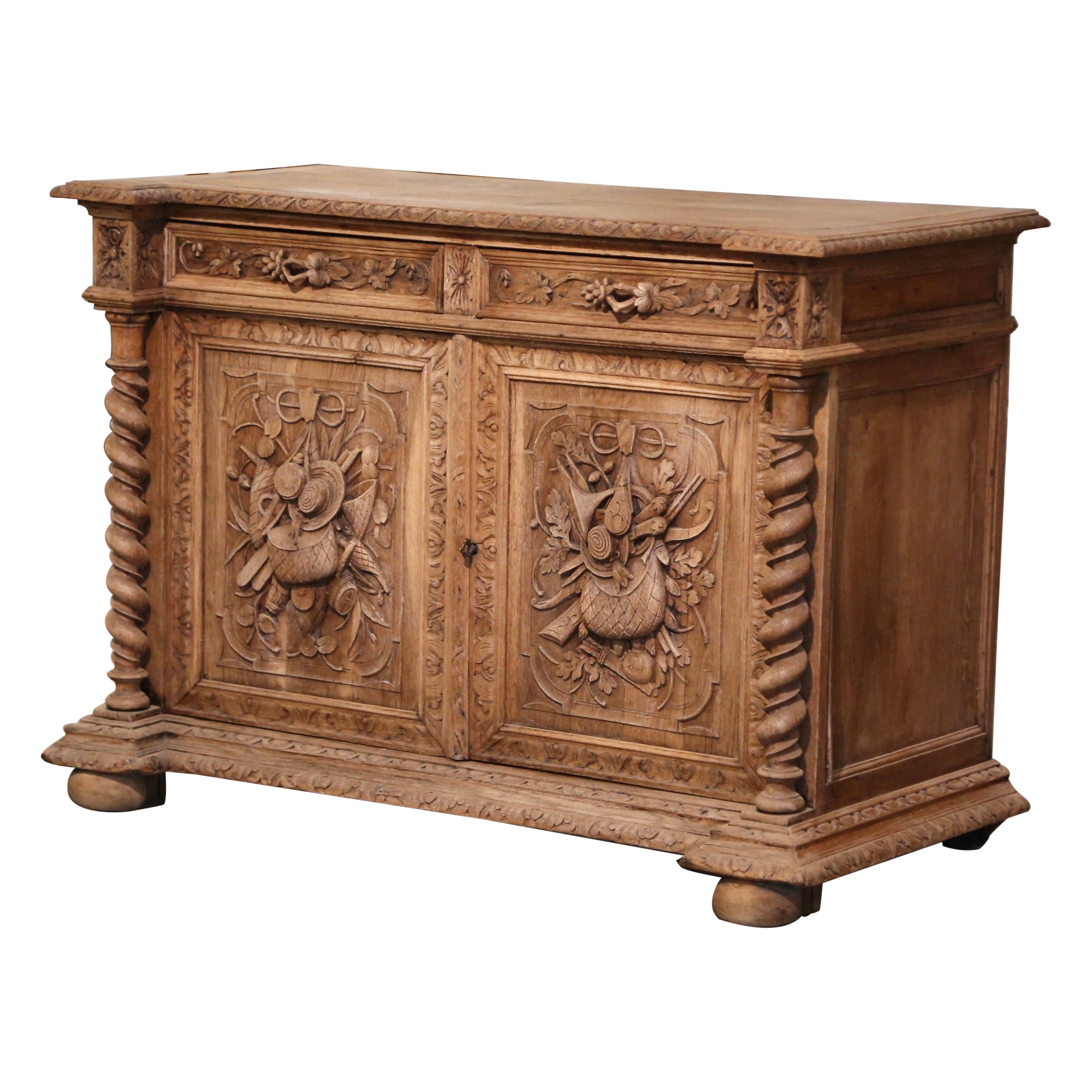 19th Century French Carved Bleached Oak Buffet with Hunt Motifs For Sale