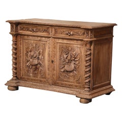 Used 19th Century French Carved Bleached Oak Buffet with Hunt Motifs