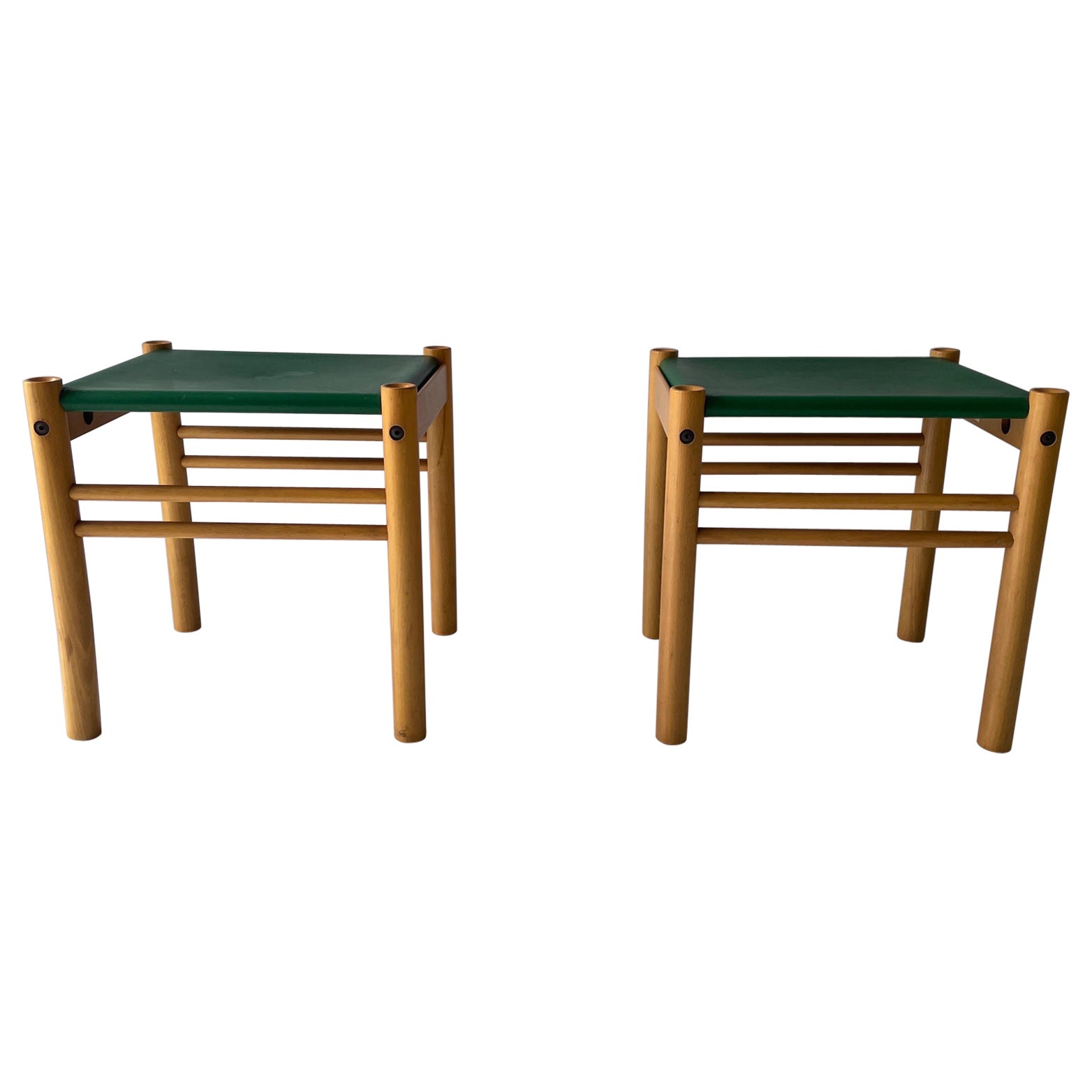 Green Leather and Birch Wood Pair of Stools by IBISCO, 1970s, Italy For Sale