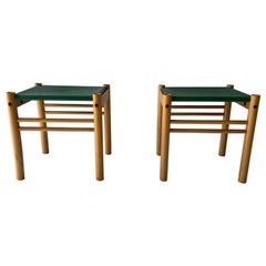 Green Leather and Birch Wood Pair of Stools by IBISCO, 1970s, Italy