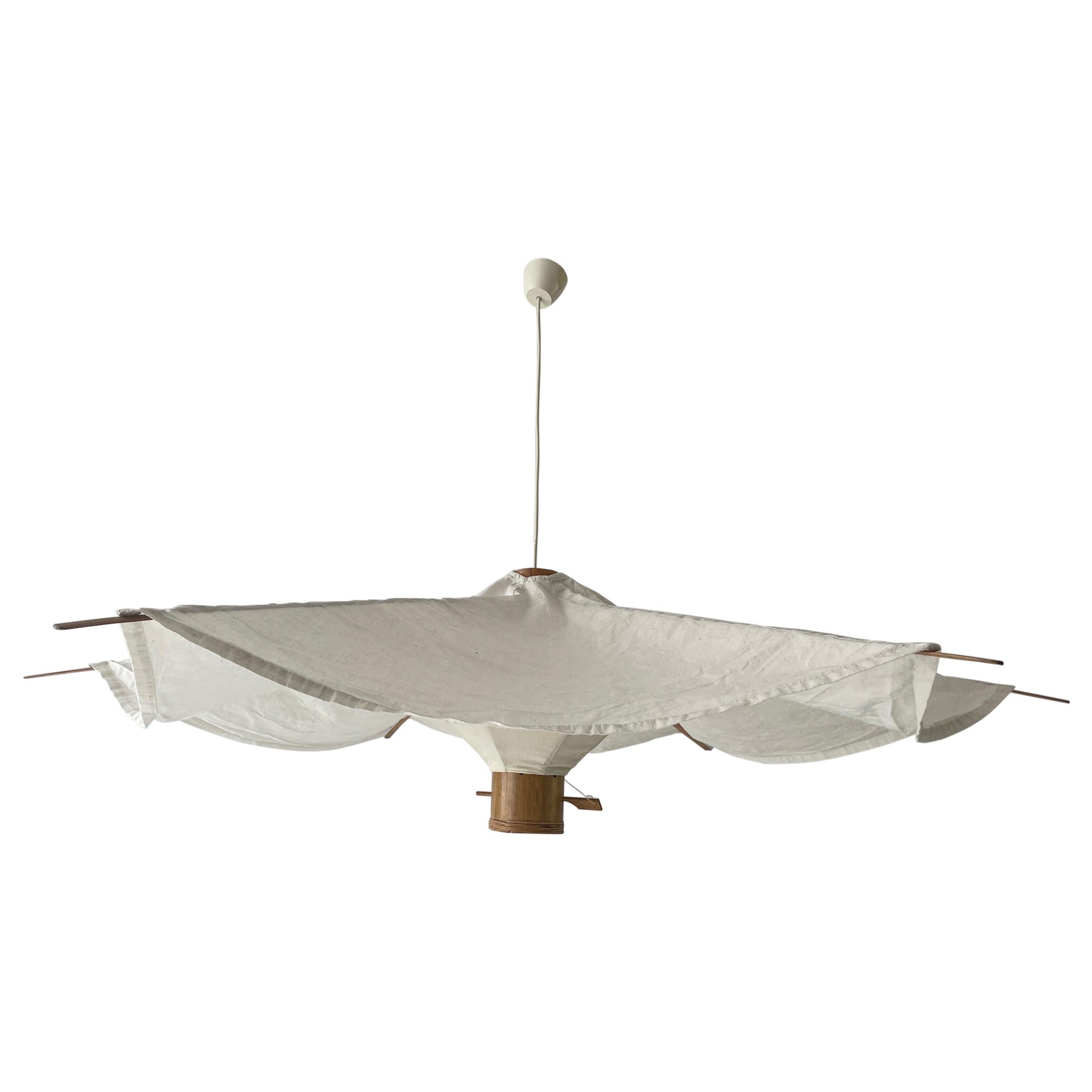 Wood and Fabric Tent Design Extralarge Pendant Lamp by Domus, 1980s, Italy For Sale
