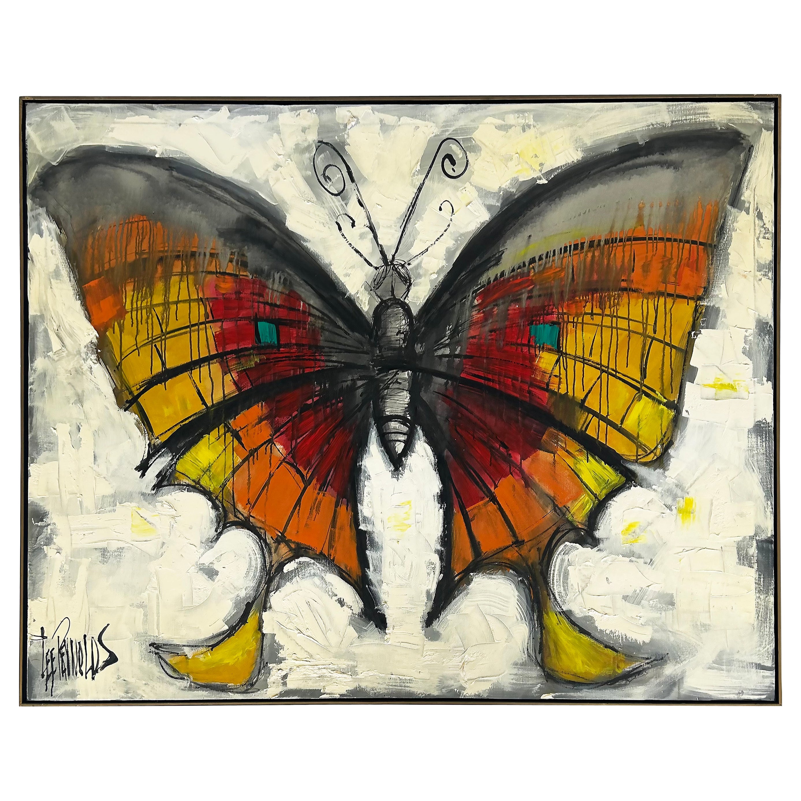 Gran cuadro vintage de Lee Reynolds sobre mariposas abstractas, enmarcado en venta