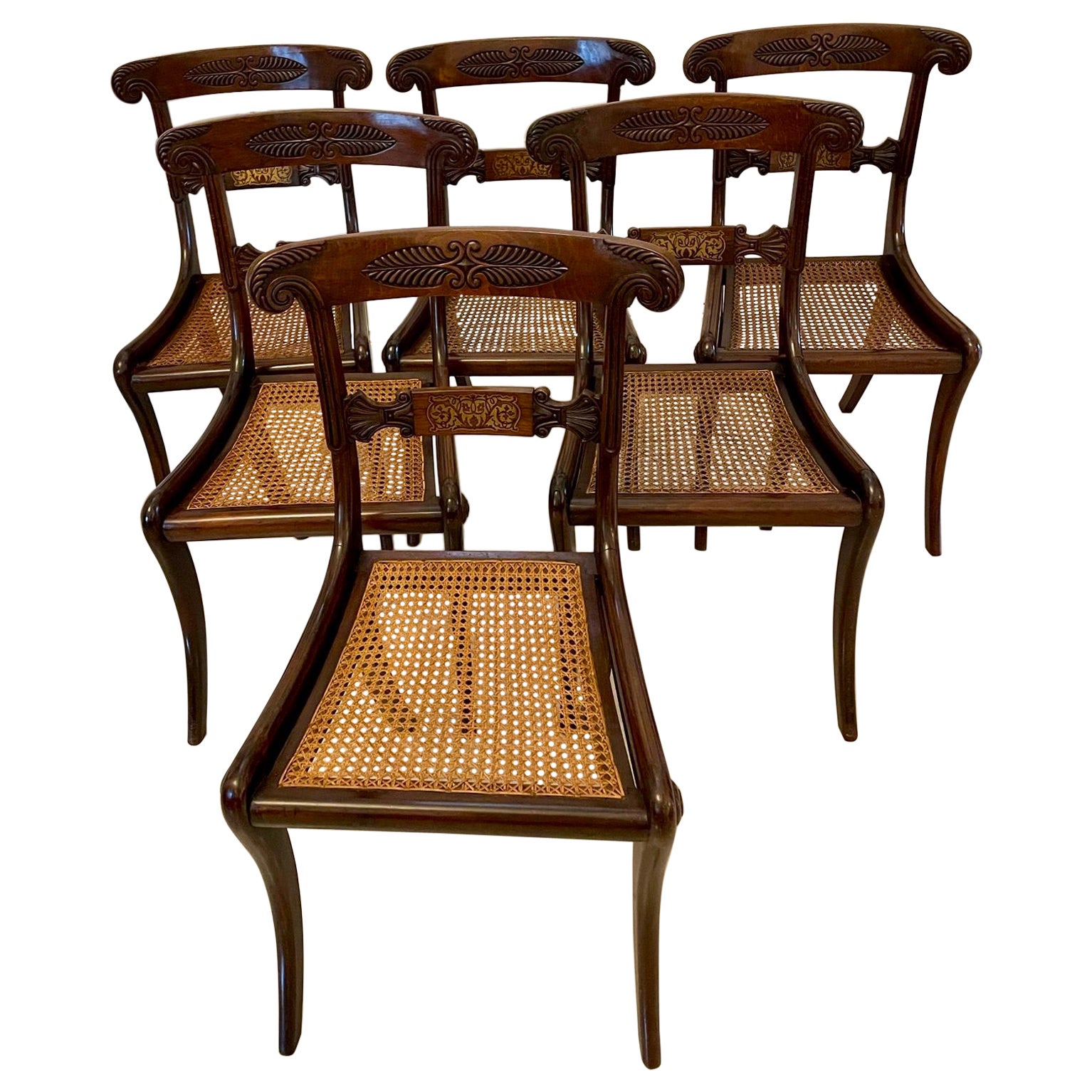 Fine Quality Set of 6 Antique Regency Rosewood Brass Inlaid Dining Chairs
