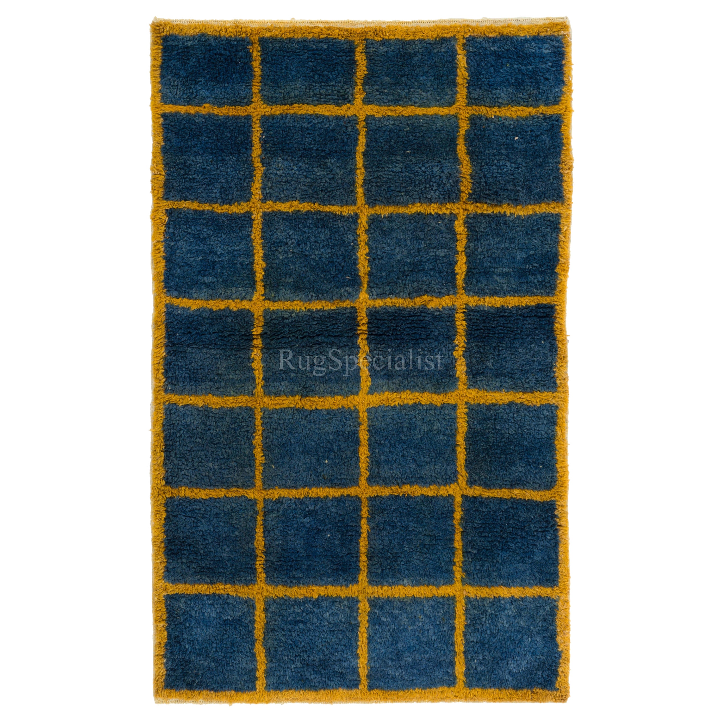 Custom Hand Knotted "Tulu" Rug in Blue & Amber Yellow Colors, Soft Wool Pile For Sale