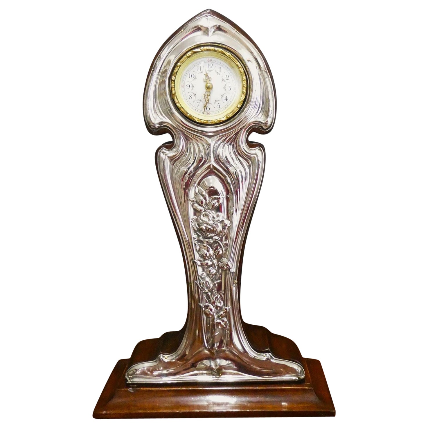 Art Nouveau Mahogany and Silver Mantel Clock For Sale