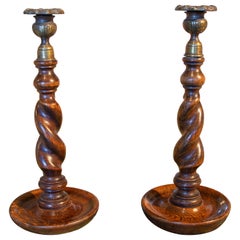 Pair of Turned Wooden Candlesticks with Bronze Tops