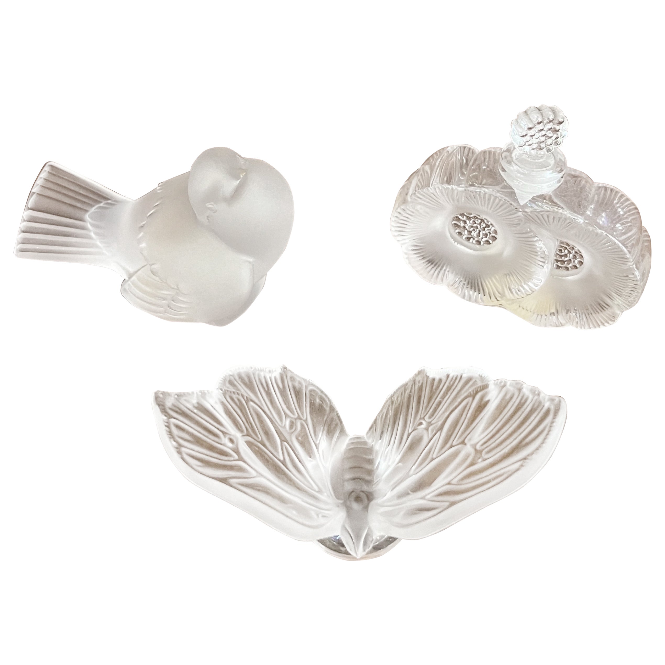 Set of Three Lalique Sculputes Sparrow Butterfly and Perfume Bottle 1950s For Sale