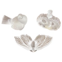 Vintage Set of Three Lalique Sculputes Sparrow Butterfly and Perfume Bottle 1950s