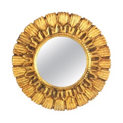 Giltwood Carved Round Sunburst Mirror, Spain 1950s
