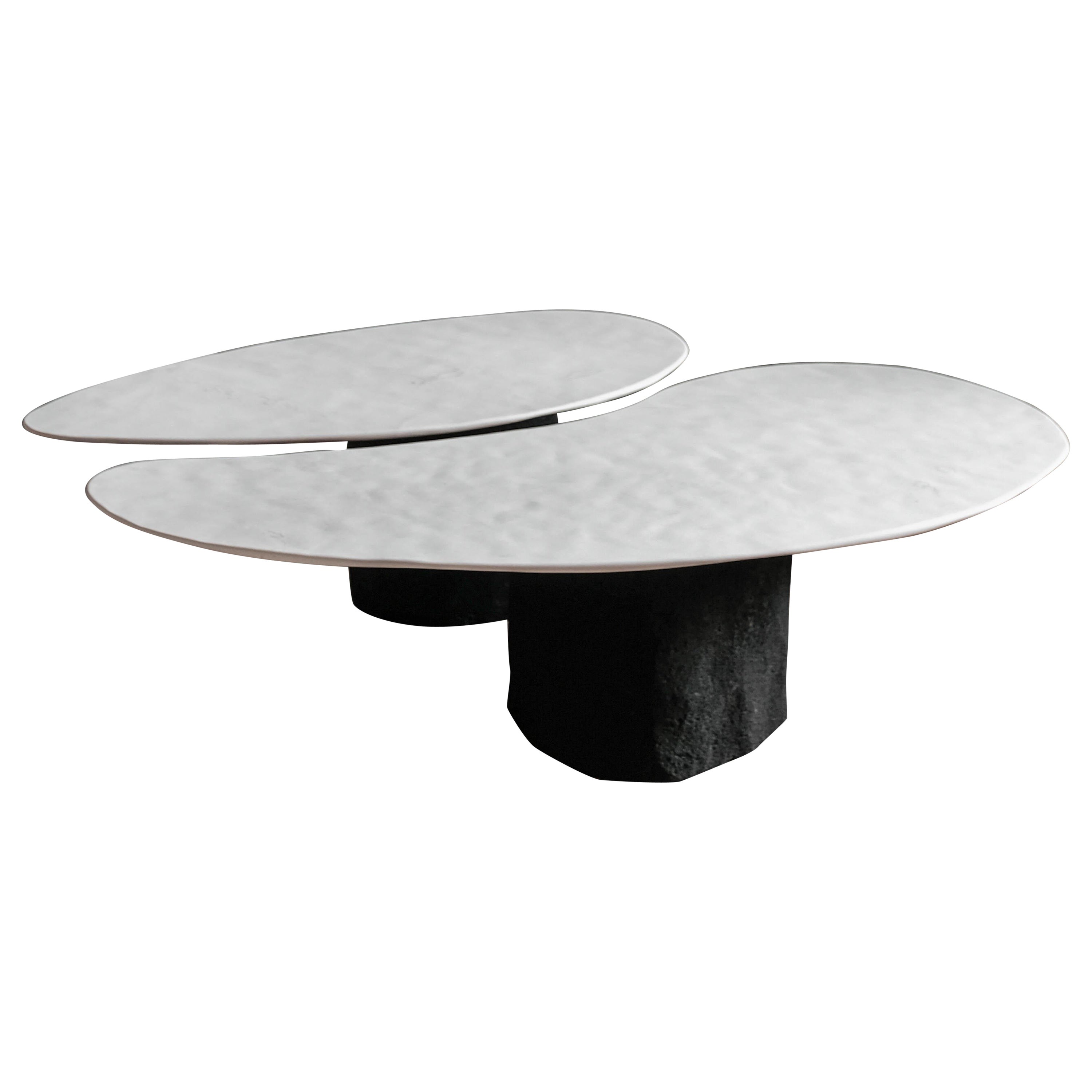 Ensemble de 2 tables basses en pierre calcaire de l'Atelier Benoit Viaene en vente