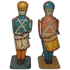 Pair of Original Painted Wind Up Tin Toy Drum Majors