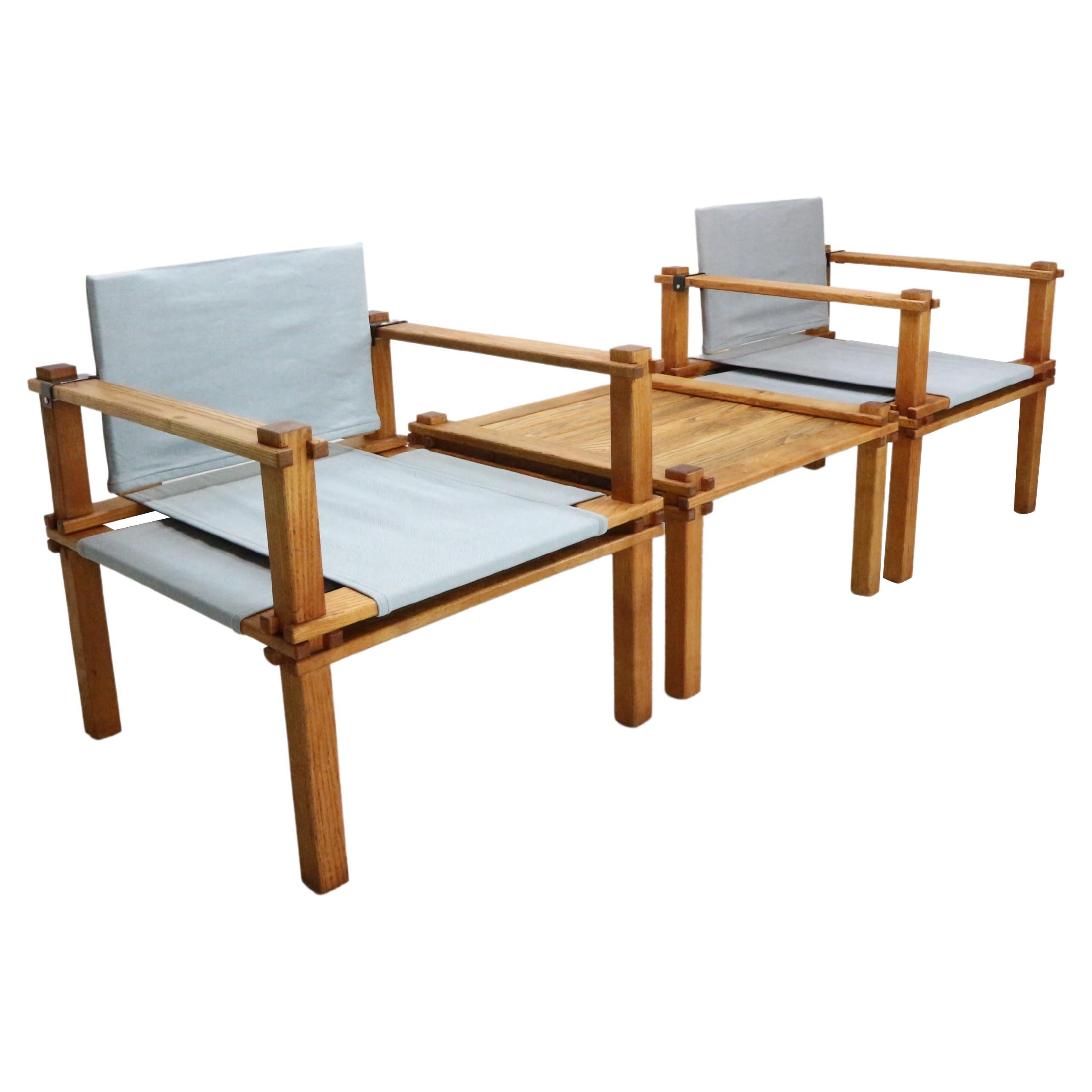 Gerd Lange Japandi style safari arm-chairs and Table, 1965 For Sale