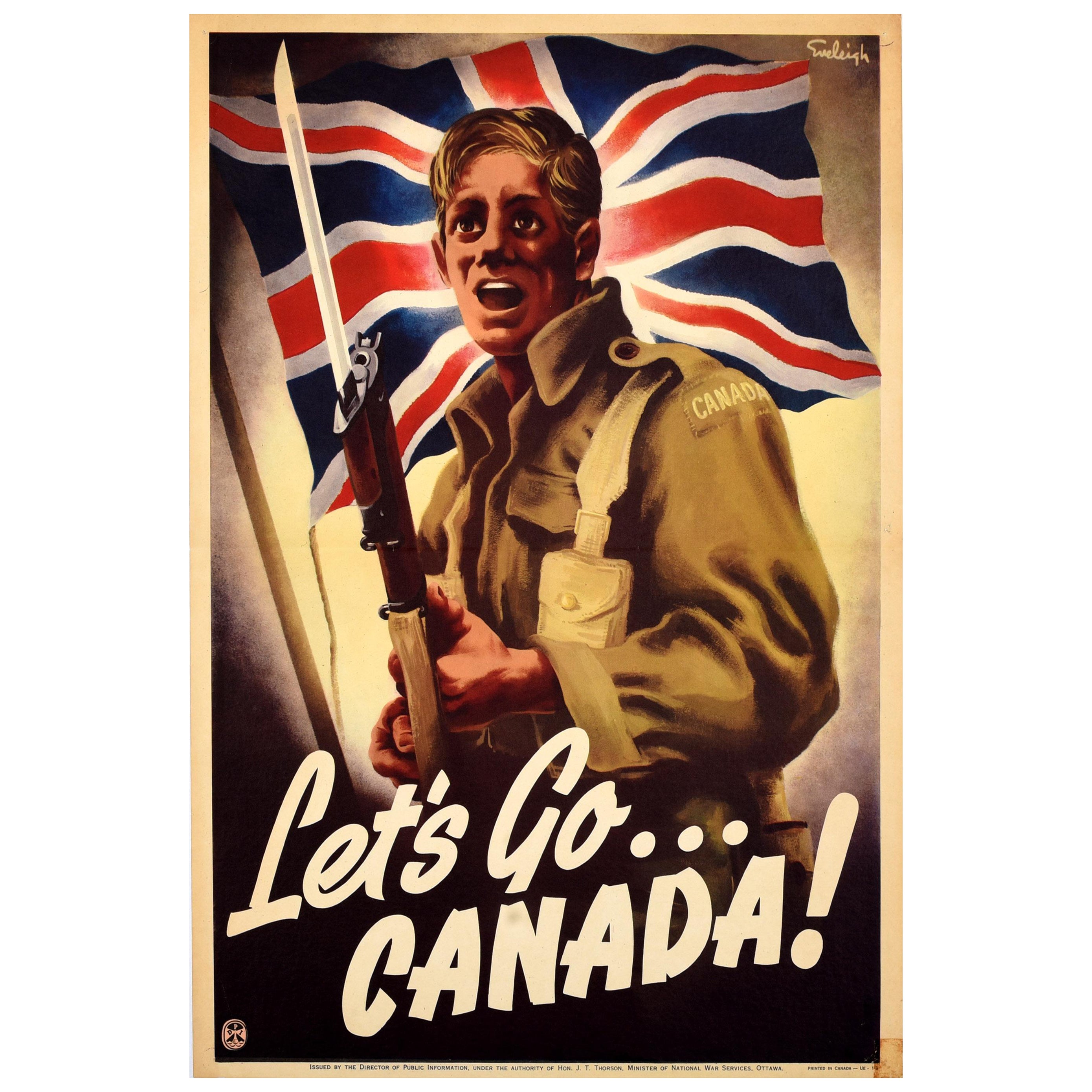 Original Vintage Canadian World War Two Propaganda Poster WWII Lets Go Canada For Sale