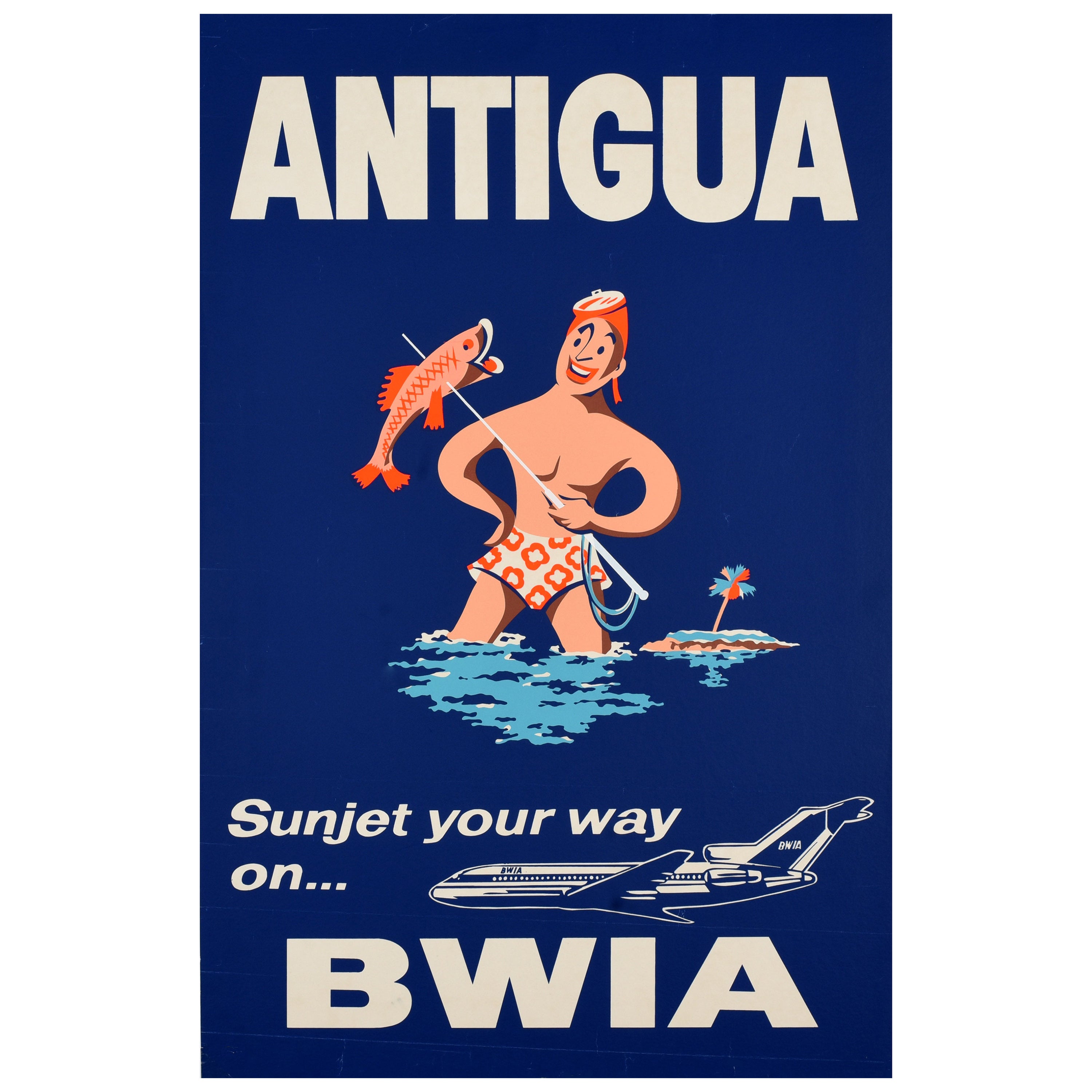 Original Vintage Travel Poster Antigua BWIA Airline Sunjet Fishing Midcentury en vente