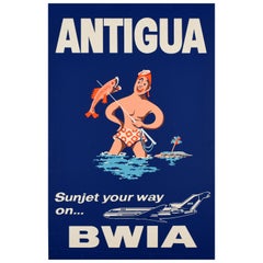Original Vintage Travel Poster Antigua BWIA Airline Sunjet Fishing Midcentury