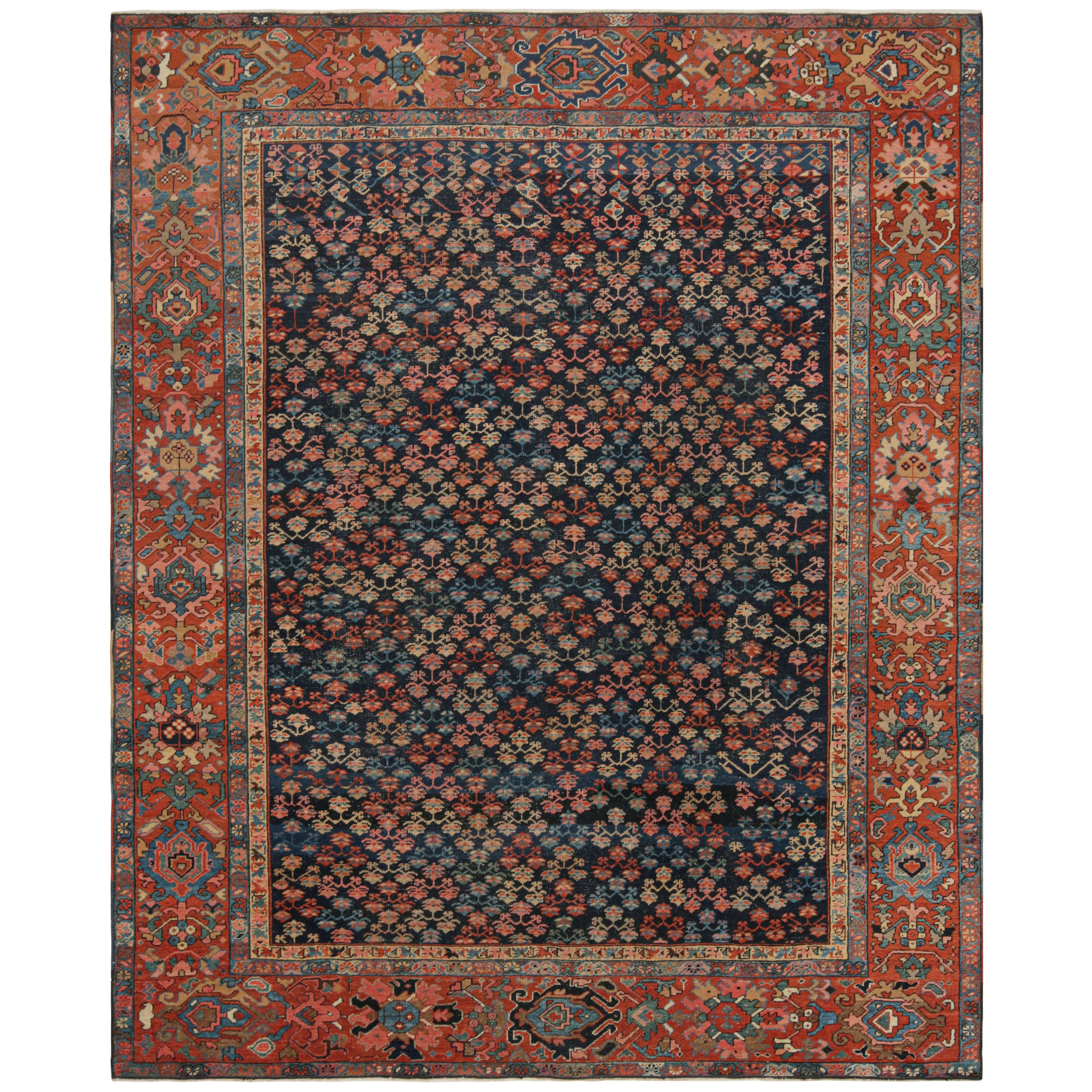 Antique Persian Bakshaish Rug in Navy Blue with Floral Patterns from Rug & Kilim For Sale
