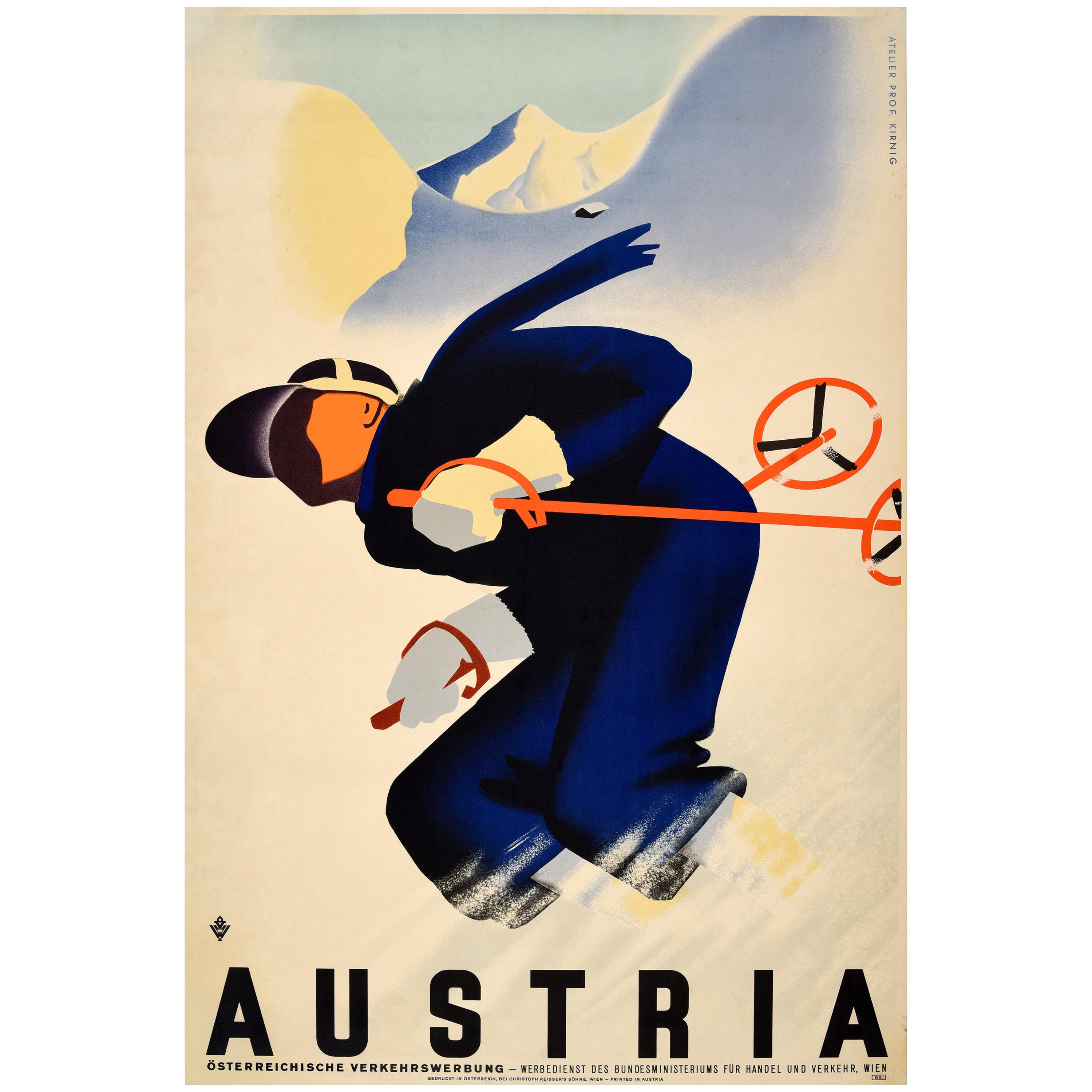 Original Vintage Winter Sport Travel Poster Ski Austria Paul Kirnig Art Deco For Sale