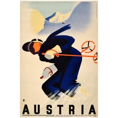 Original Antique Winter Sport Travel Poster Ski Austria Paul Kirnig Art Deco