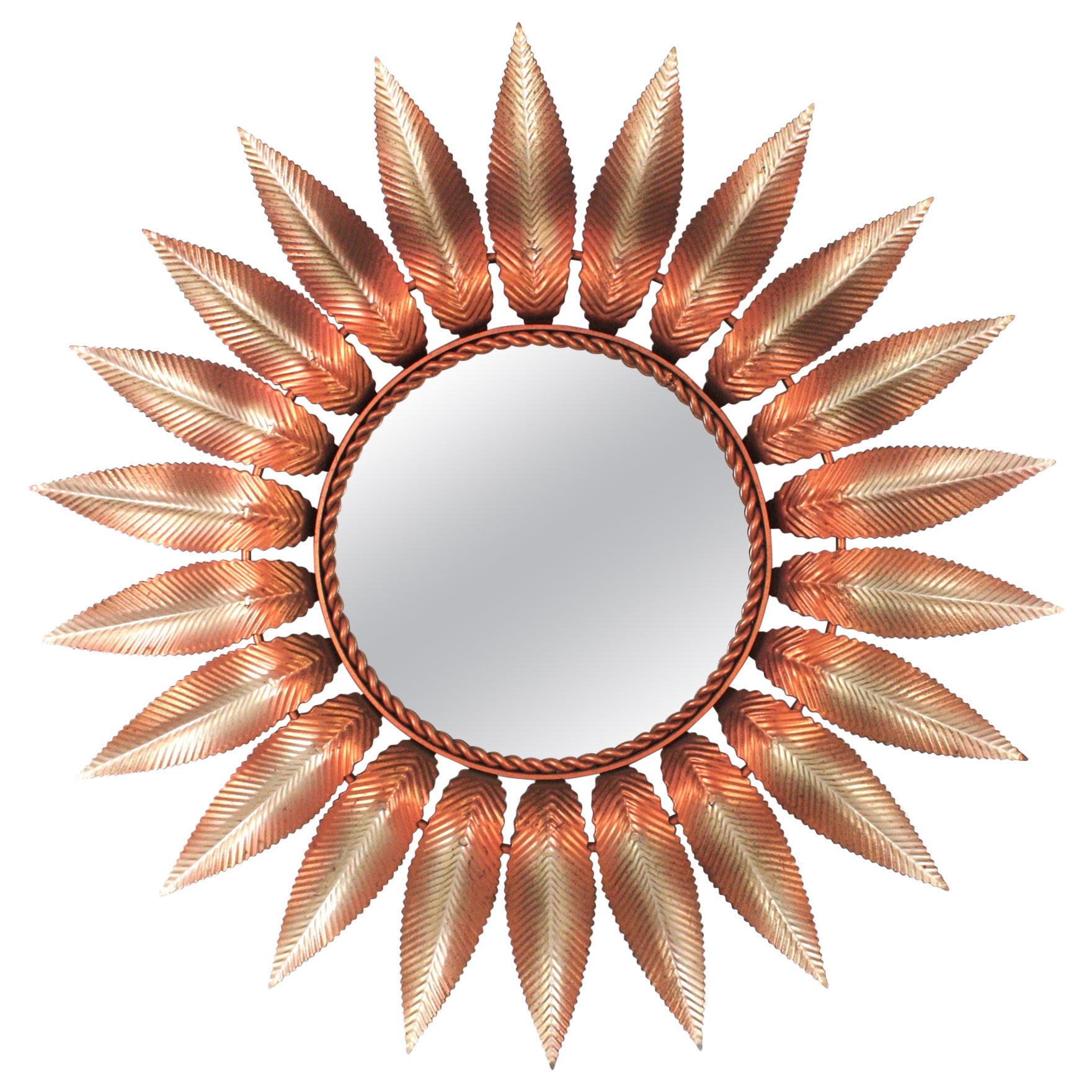 Miroir Sunburst en rose et fer argenté, années 1960 en vente