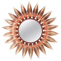 Vintage Sunburst Mirror in Pink and Silvered Iron, 1960s