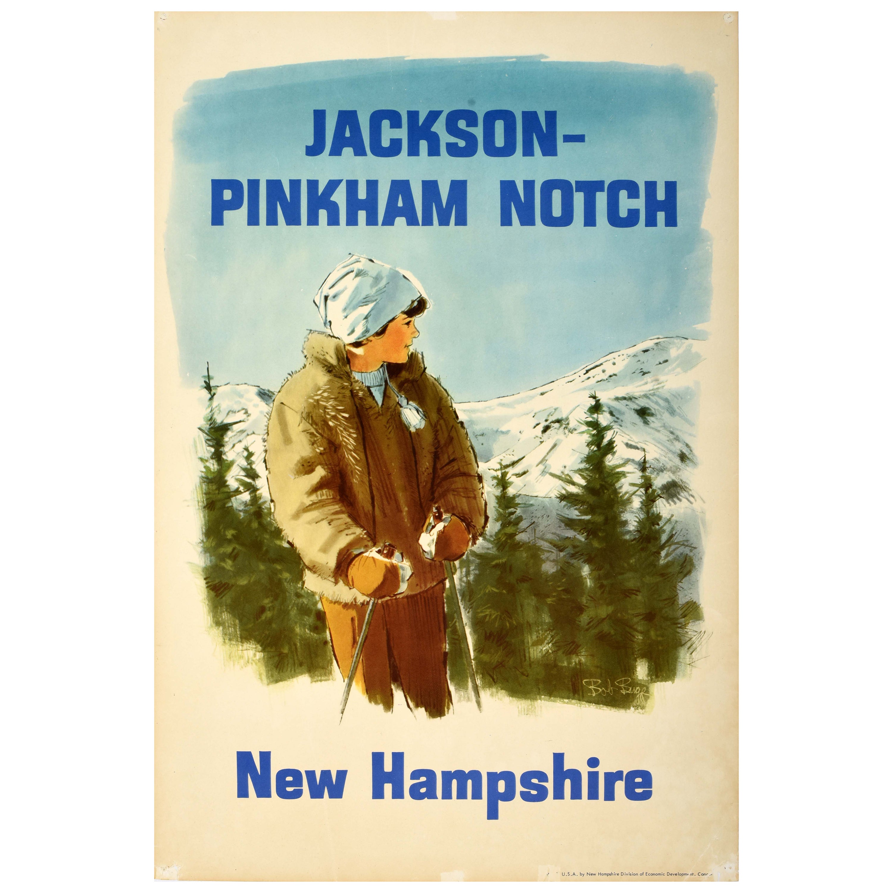 Original Vintage Winter Sport Travel Poster Jackson Pinkham Notch New Hampshire For Sale