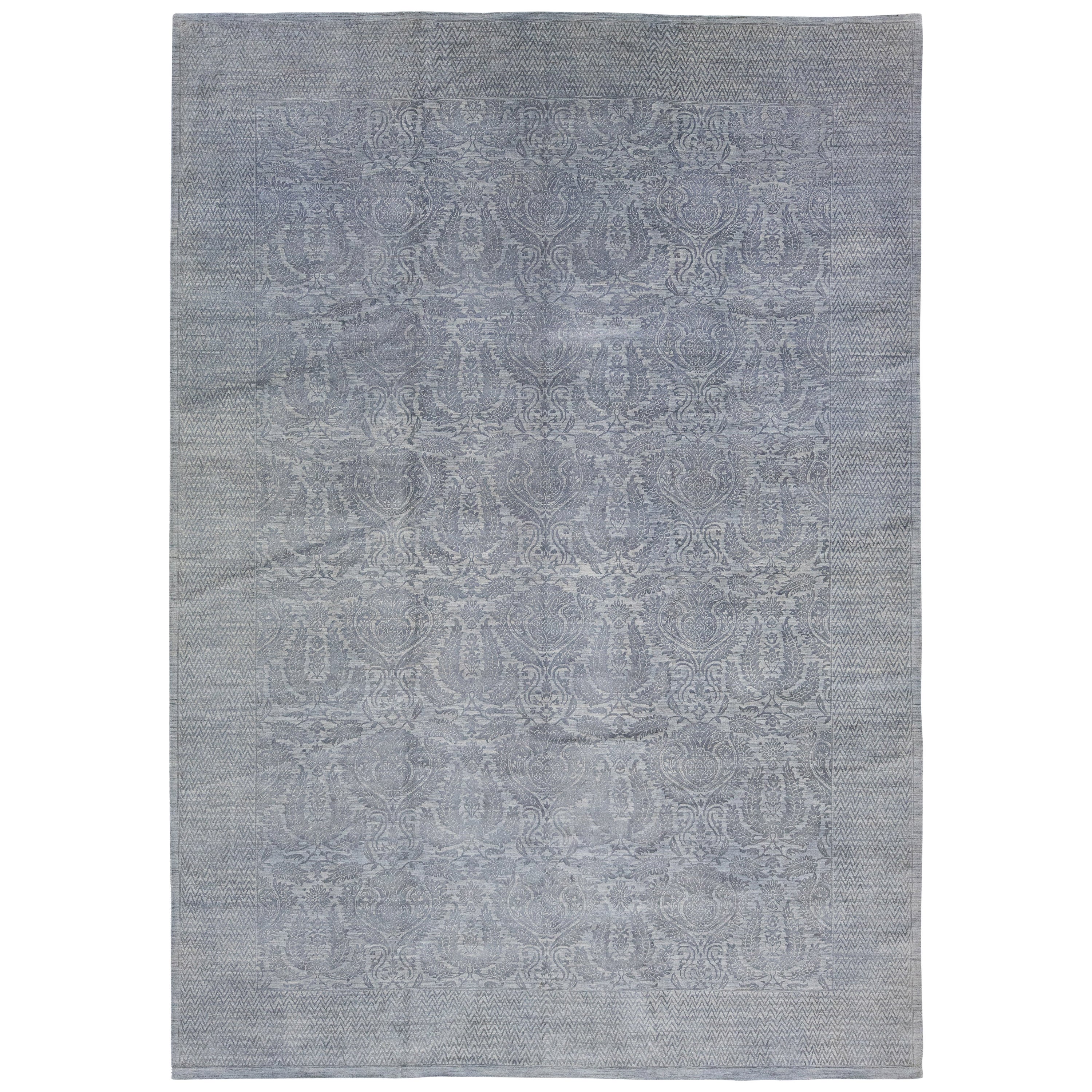 Modern Allover Transitional Wool Rug Designed In Gray Colors  For Sale