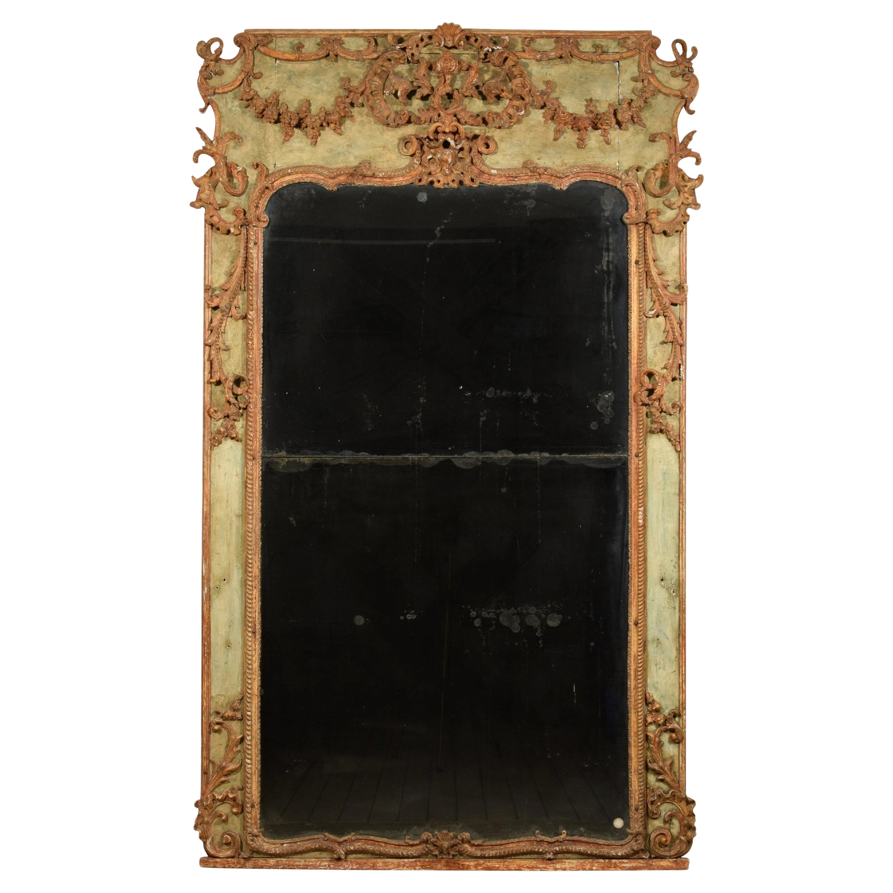 18th Century, Large Italian Baroque Wood and Plaster Lacquered Mirror For Sale