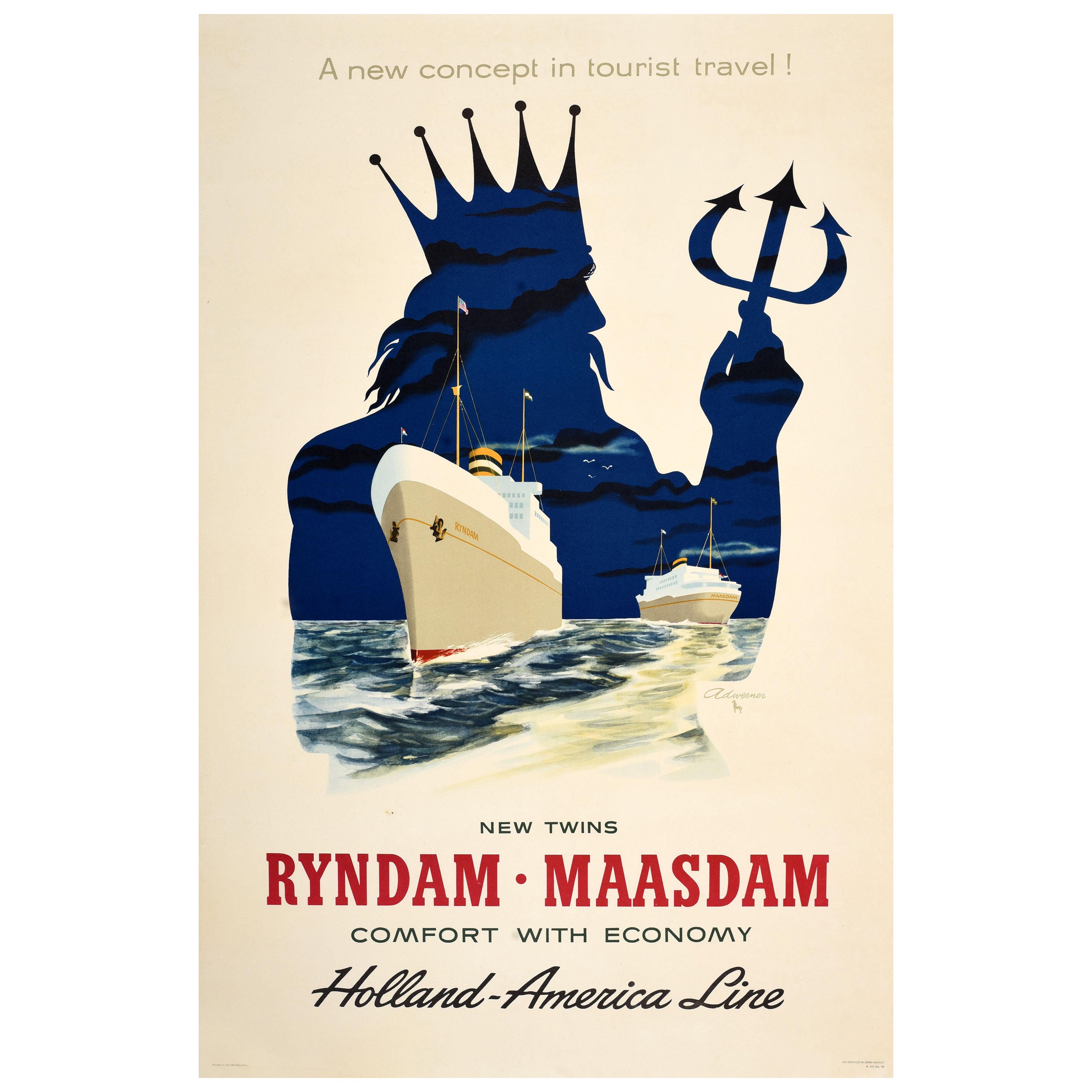 Original Vintage Travel Poster Ryndam Maasdam Holland America Line Poseidon Art For Sale