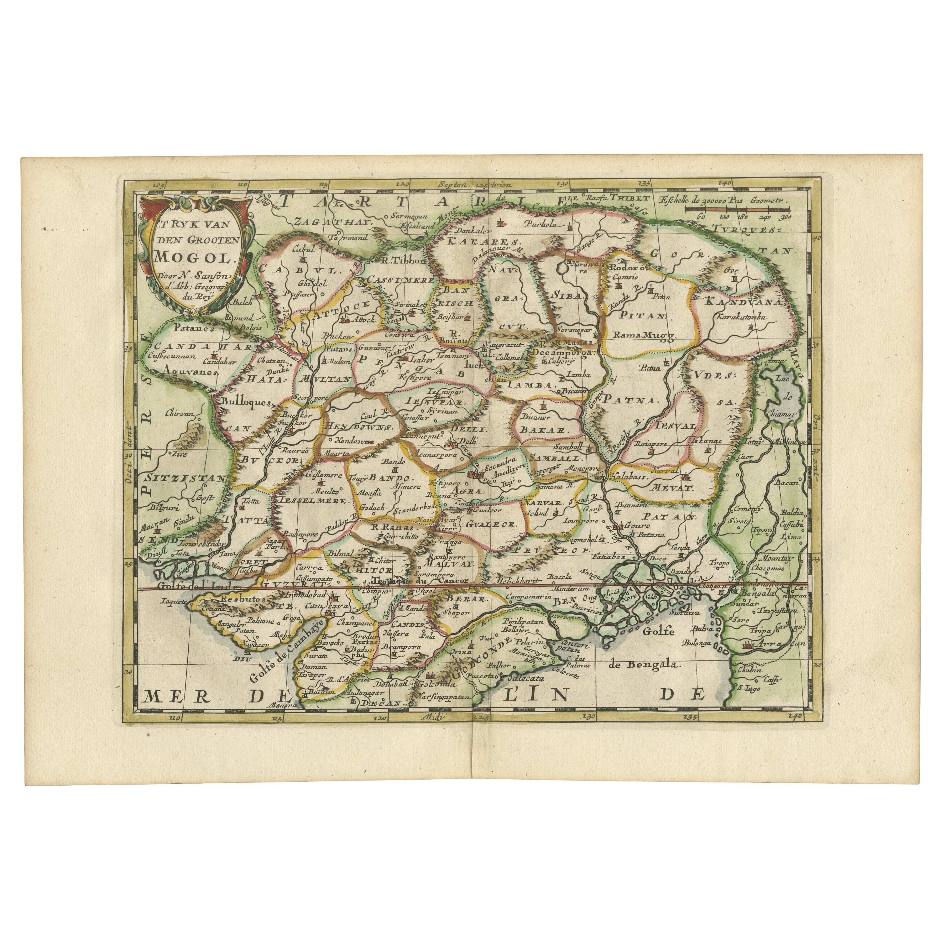 Die kartografische Eleganz des Mogulreichs auf einer handkolorierten antiken Karte von 1705
