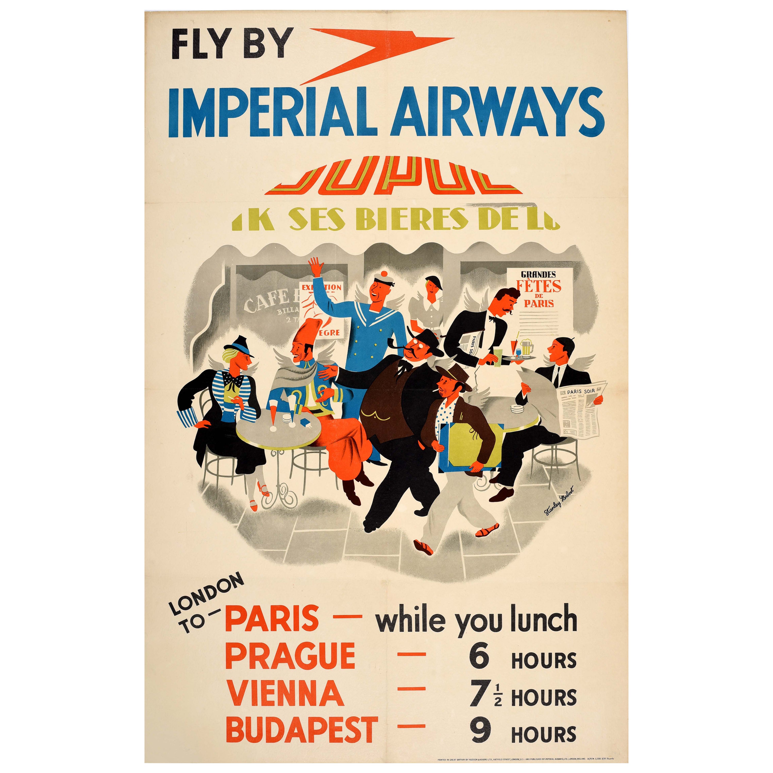 Original Vintage Travel Advertising Poster Fly By Imperial Airways Paris Prague  For Sale