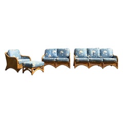 1970s Rattan Reed Sculptural Chinoiserie Style Blue White Sofa Suite, Set of 4