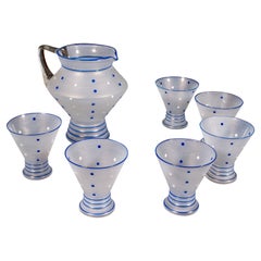 Service à limonade vintage, français, verre dépoli, cruche, 6 tasses, Art déco, 1930