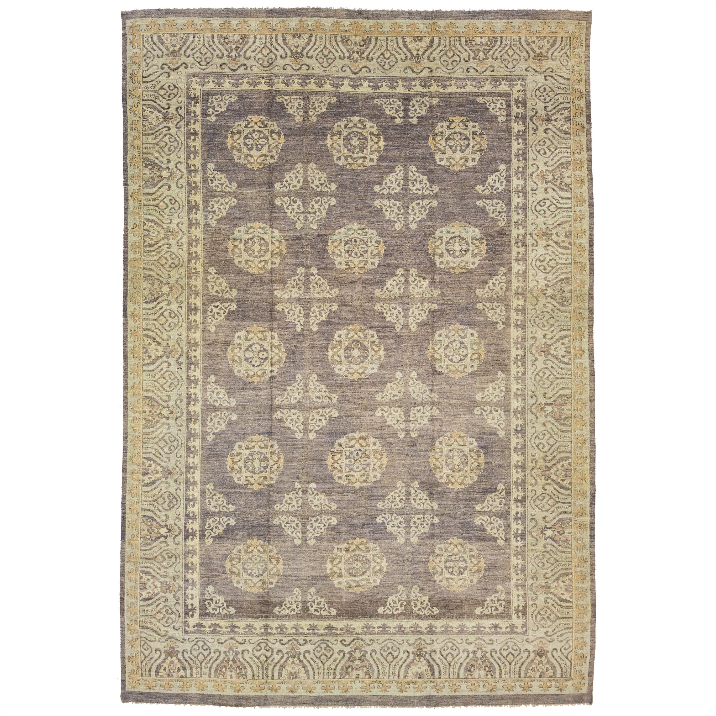 Allover Designed Modern Khotan Wool Rug Handmade In Brown and Blue Field Colors  For Sale