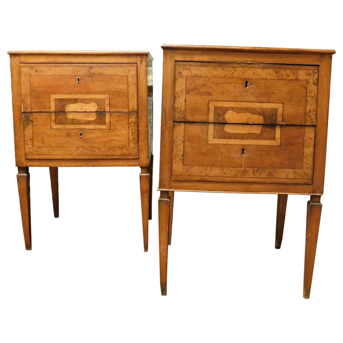 Pair of "Louis XVI" bedside tables, inlaid with various woods, France For Sale