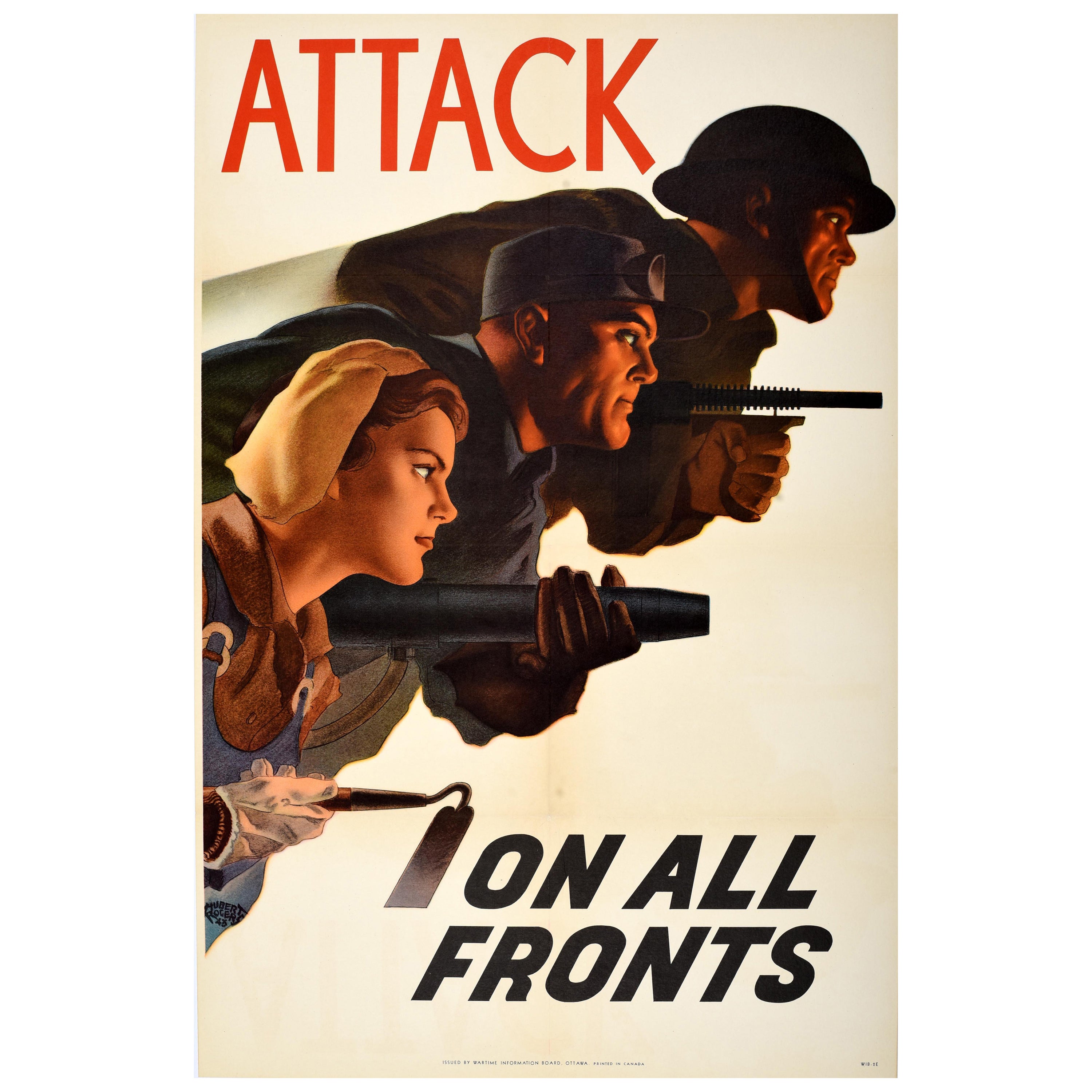 Original Vintage War Poster Attack On All Fronts WWII Canada Hubert Rogers For Sale