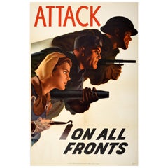 Original Vintage-Kriegsplakat „ Attack On All Fronts“, WWII, Kanada, Hubert Rogers, Hubert Rogers, WWII