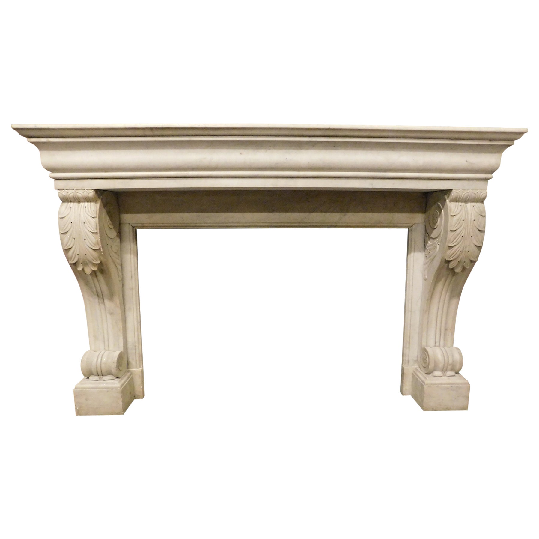 old White Carrara marble mantle fireplace with sculpted legs, France For Sale