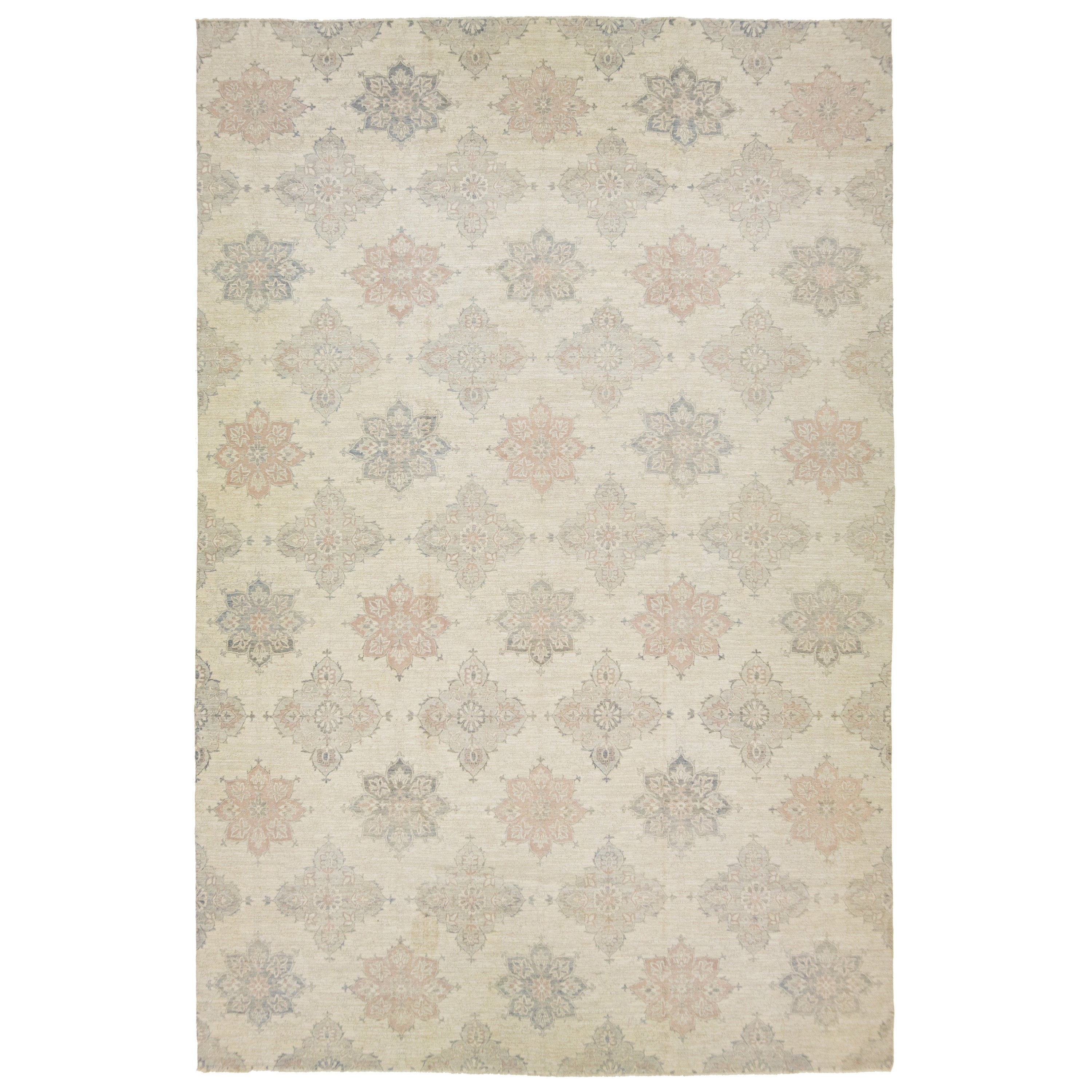 Modern Oversized Transitional Beige Wool Rug With Floral Design For Sale