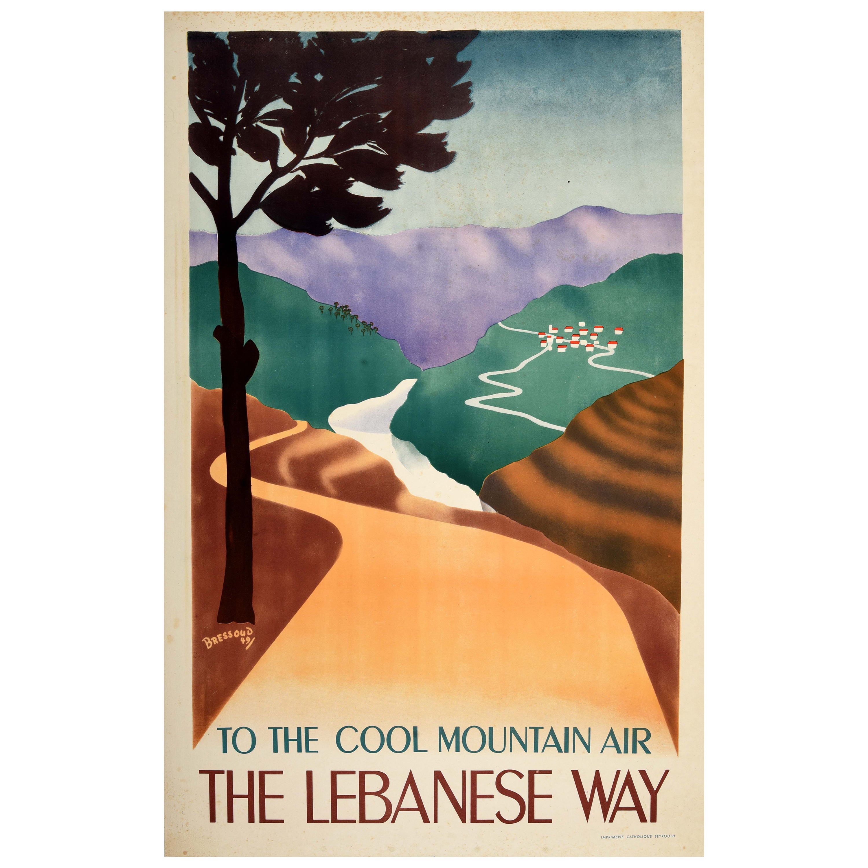 Original Vintage Middle East Travel Poster Lebanese Way Lebanon Mountain Air For Sale