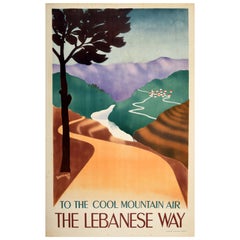 Affiche vintage originale de voyage du Moyen-Orient, chemin libanais, Lebanon Mountain Air