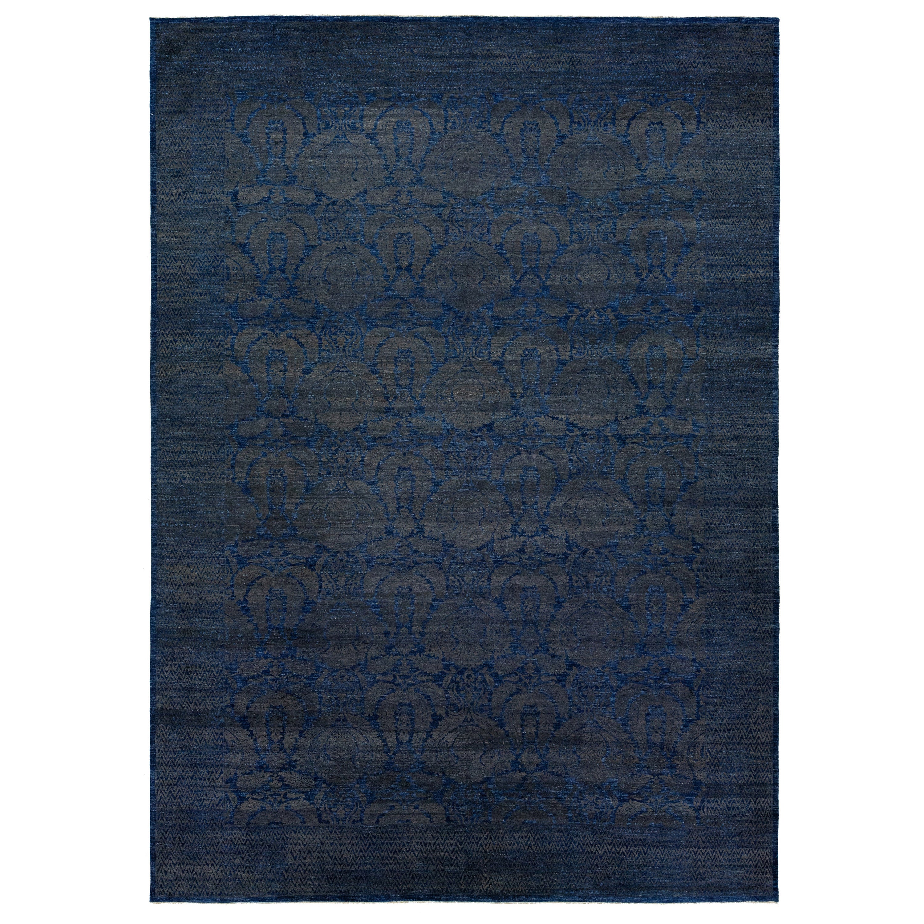 Handmade Gray And Blue Designed Transitional Wool & Silk Rug 