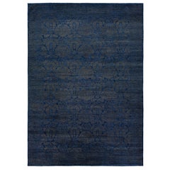 Tapis transitionnel en laine et soie, fait main, gris et bleu, am designs
