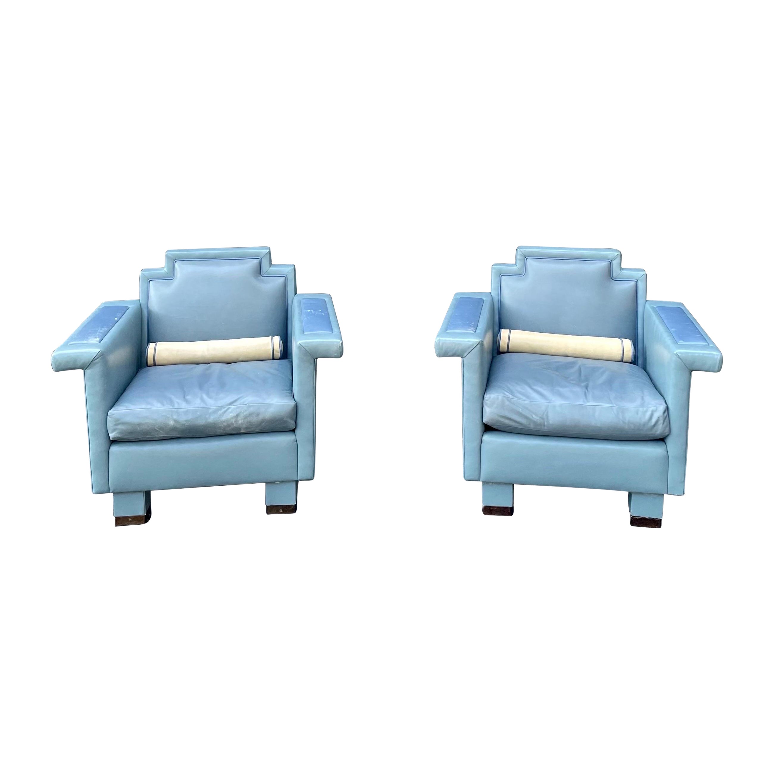 1980s Norman Jaffe Postmodern Pair of Leather Club Chairs
