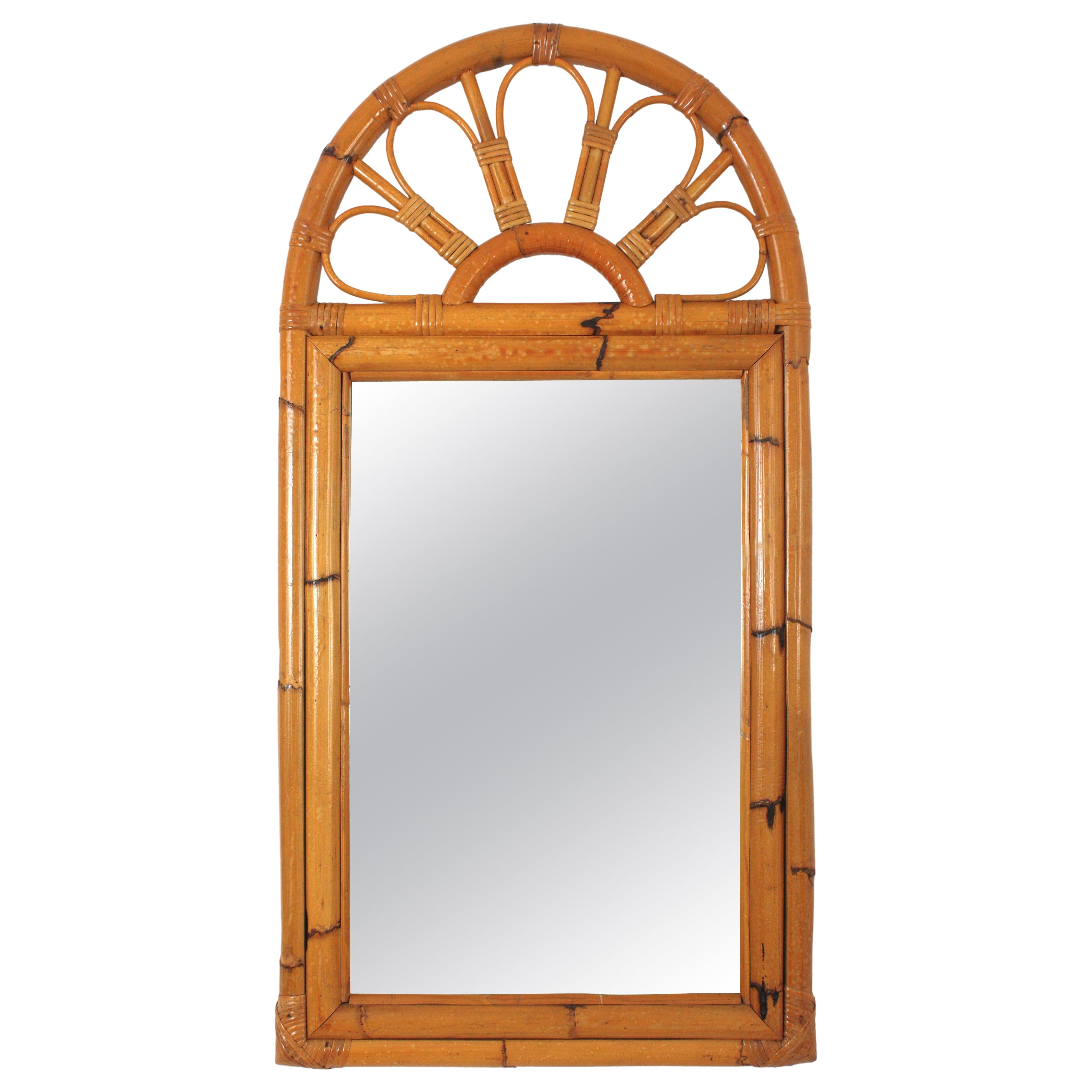 Mid-Century Rattan Bamboo Arched Wall Mirror  For Sale