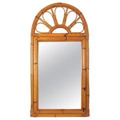 Spanish Mid-Century Rattan Bamboo Arched Wall Mirror / Console Mirror