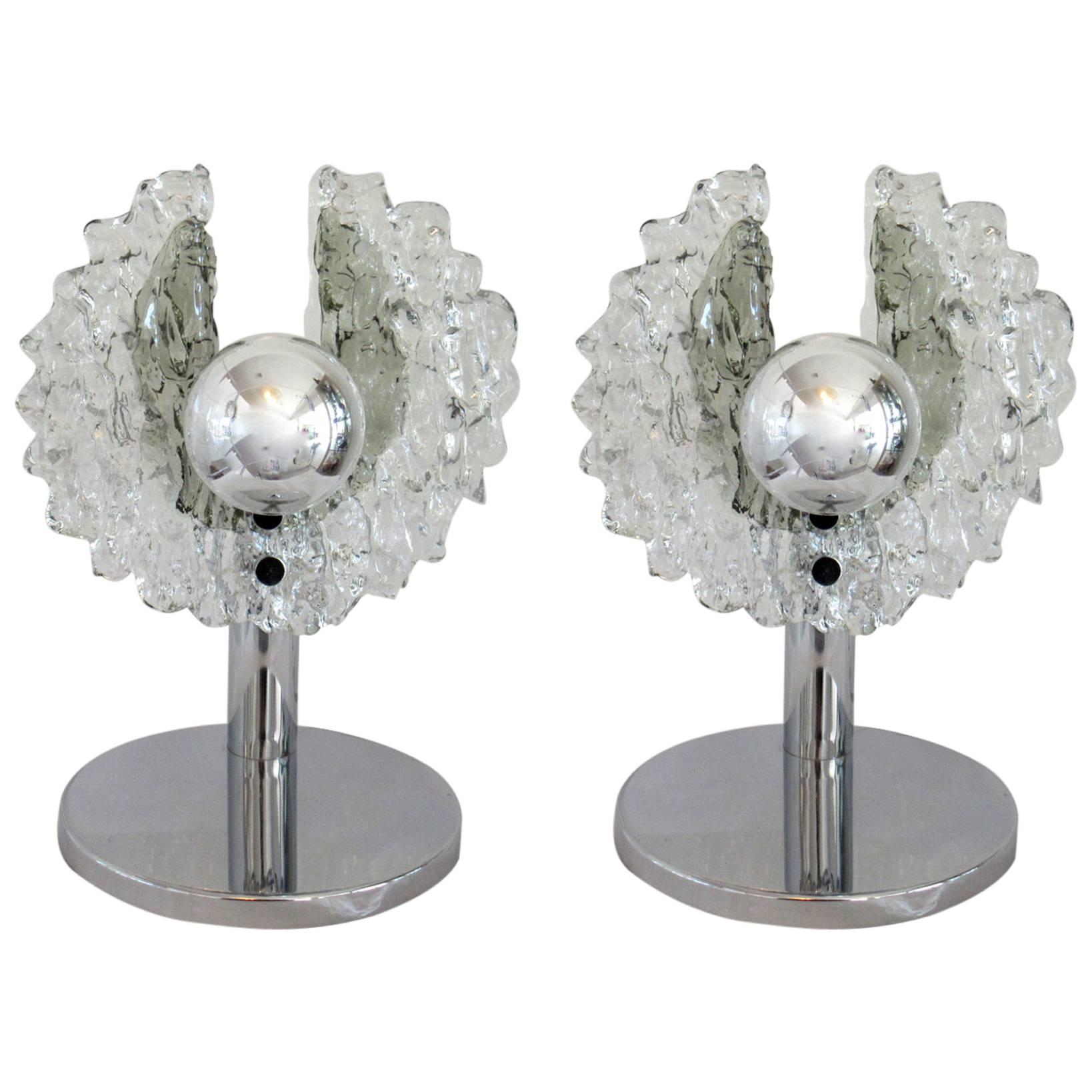 Pair of Italian Chrome and Glass Table Lamps For Sale