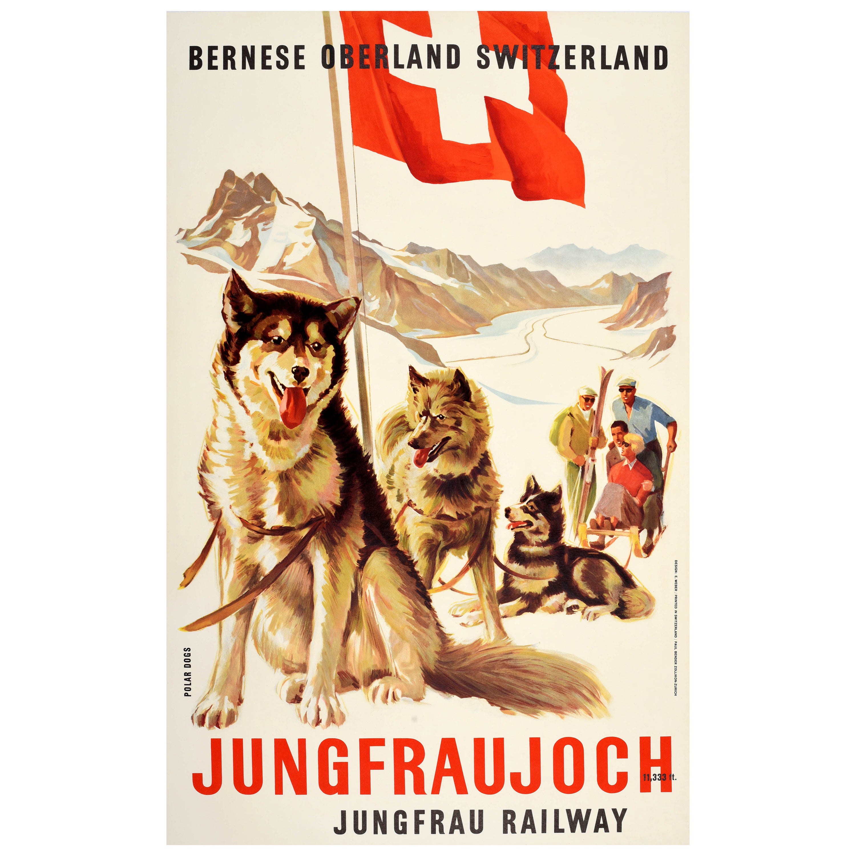 Original Vintage Winter Sport Travel Poster Jungfraujoch Jungfrau Railway Husky For Sale