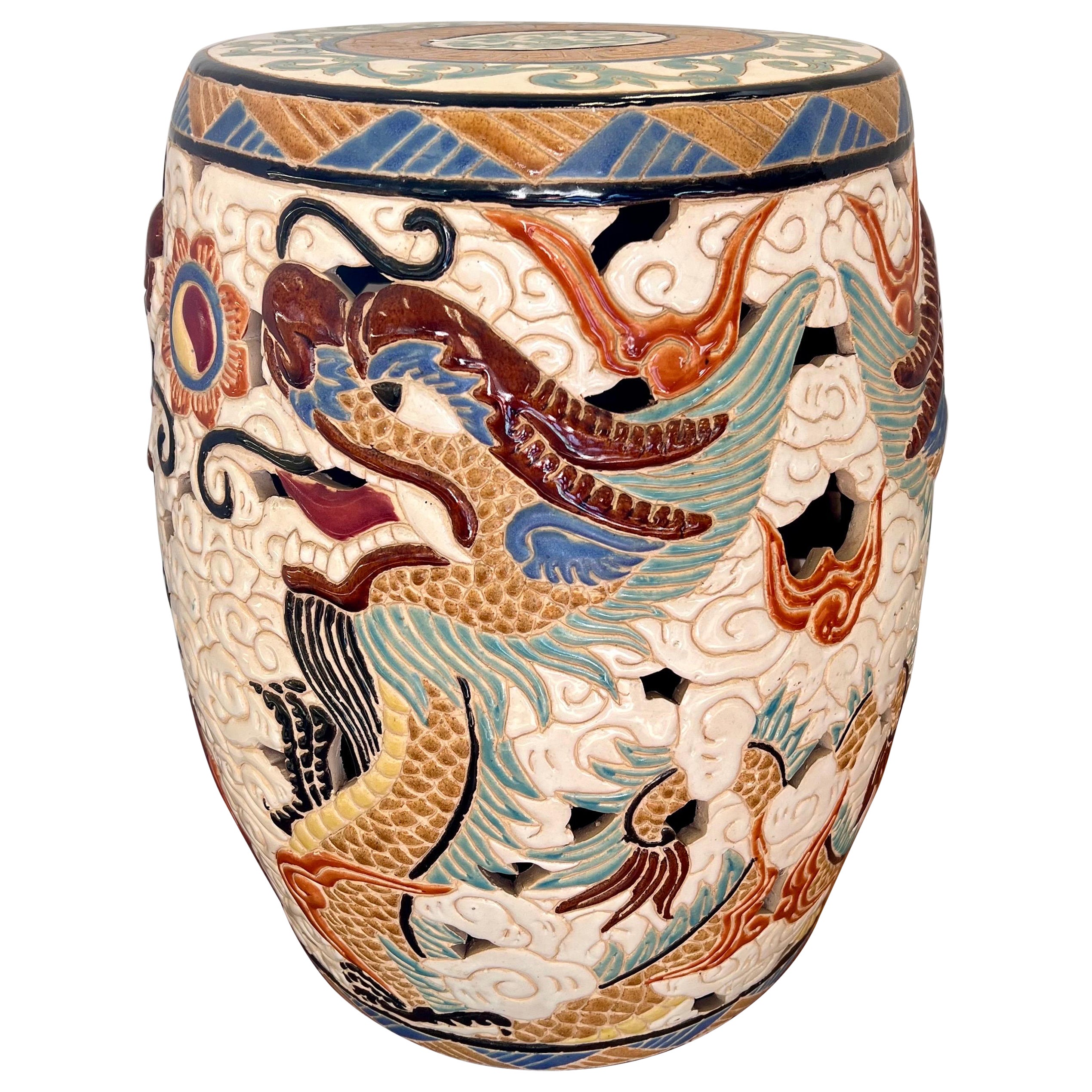 Vintage Chinese Dragon Ceramic Garden Stool Drum Table