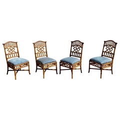 Used 1960s Brighton Rattan Blue and White Chairs, Set of 4