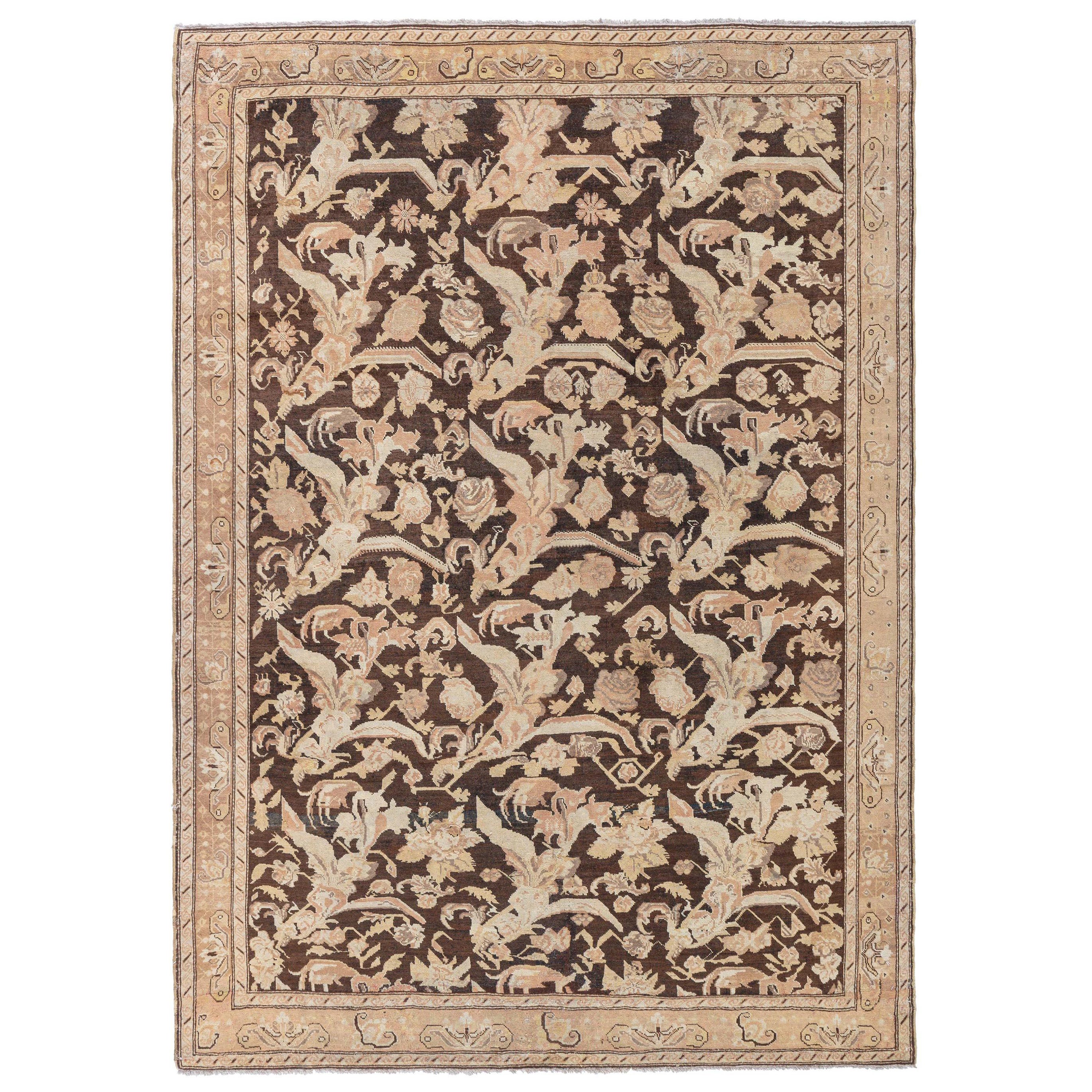 Antique Karabagh Botanic Brown Handmade Wool Carpet For Sale